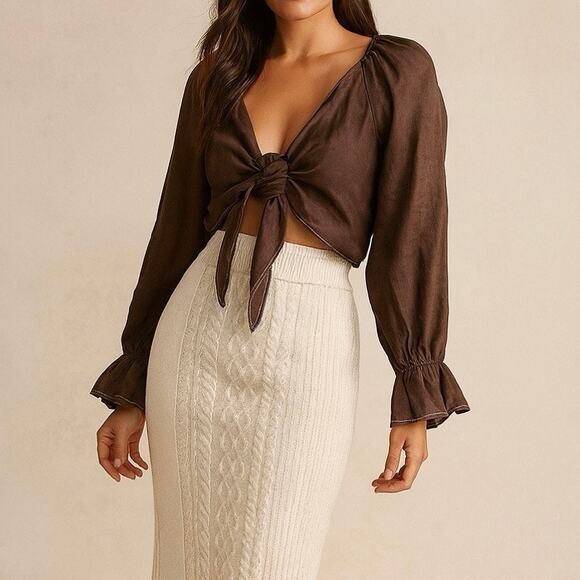 Reformation 100% Linen Puff Sleeve Tie Front Crop Blouse Brown Women's Size S - Picture 1 of 7